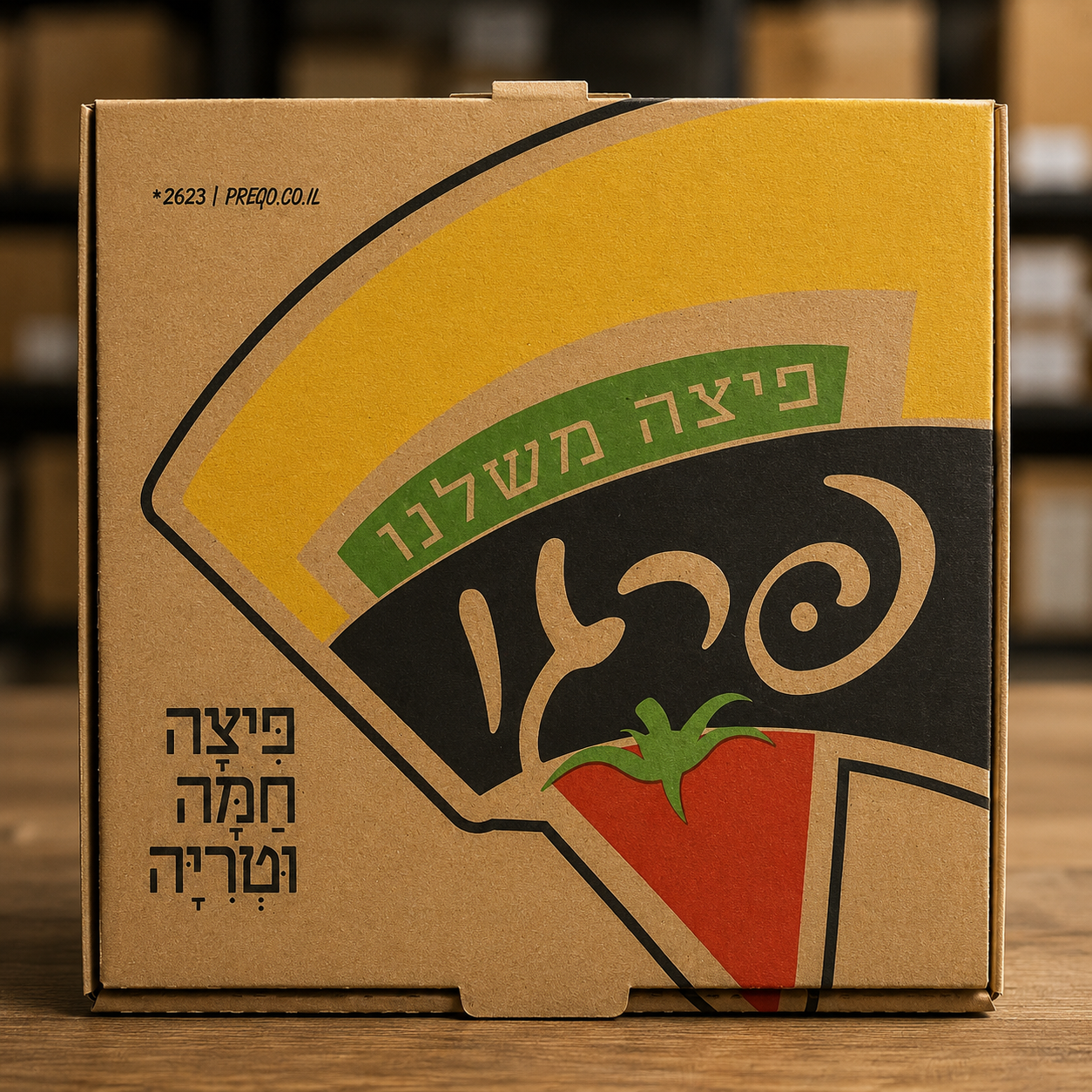 קרטון פיצה בהדפסה צבעונית מלאה על קראפט חום עבור רשת מזון