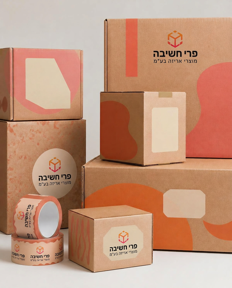 אריזות קרטון בהדפסה צבעונית וסרטי הדבקה ממותגים בלוגו פרי חשיבה