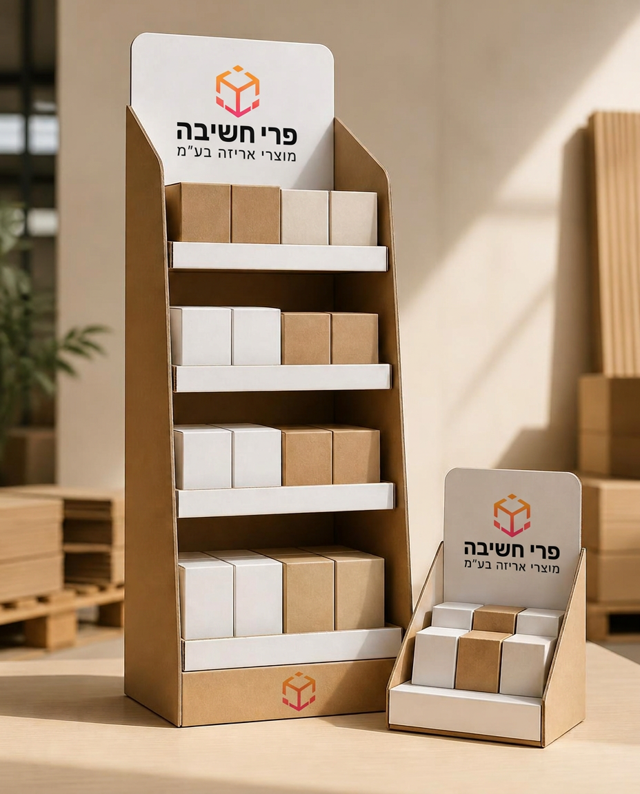 סטנדים מקרטון לתצוגת מוצר עם הדפסת לוגו פרי חשיבה על פאנל הכתרה