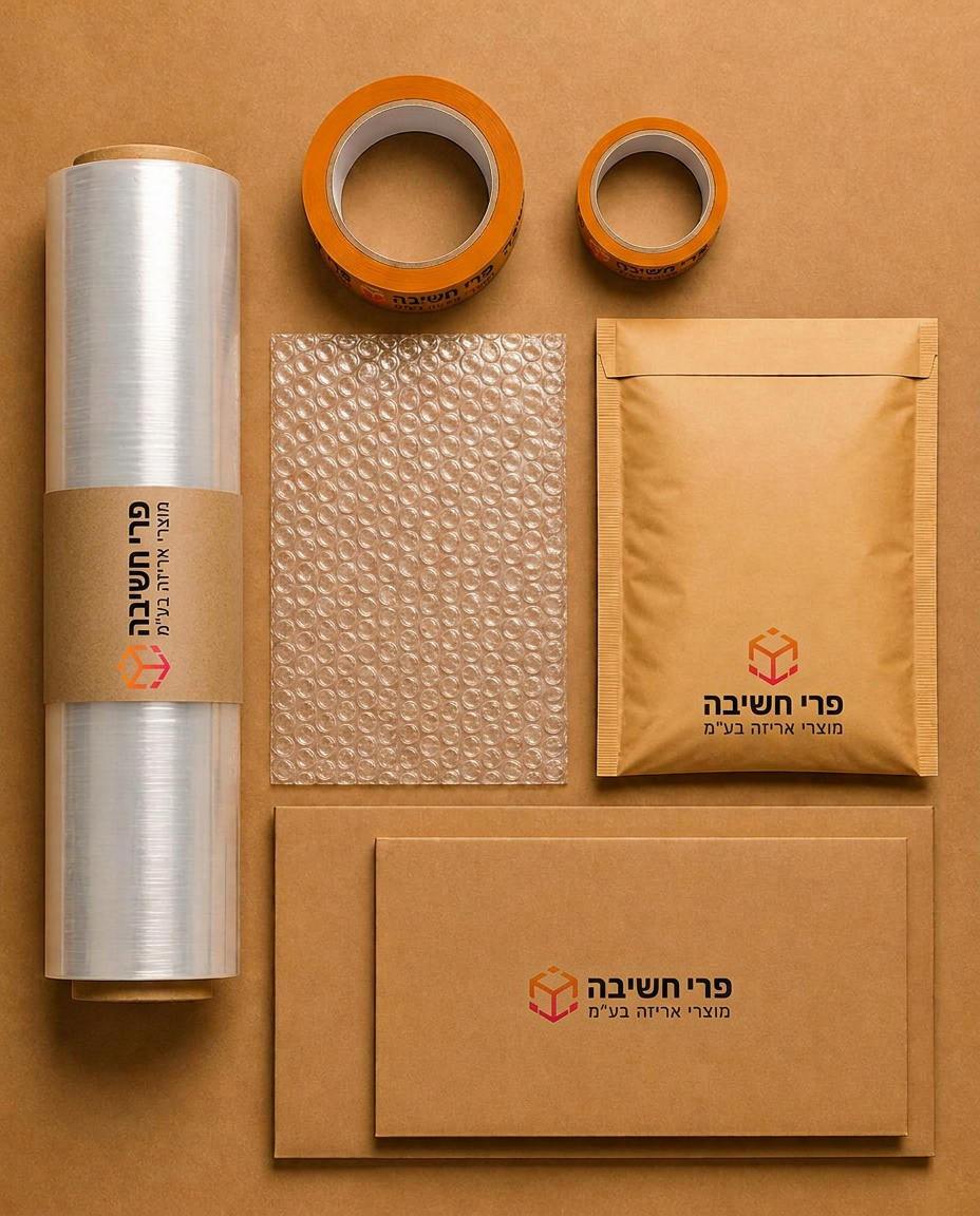 מוצרי אריזה כלליים בפריסה מסודרת: ניילון נצמד, סרטי הדבקה, בועות אוויר ומעטפות ממותגות