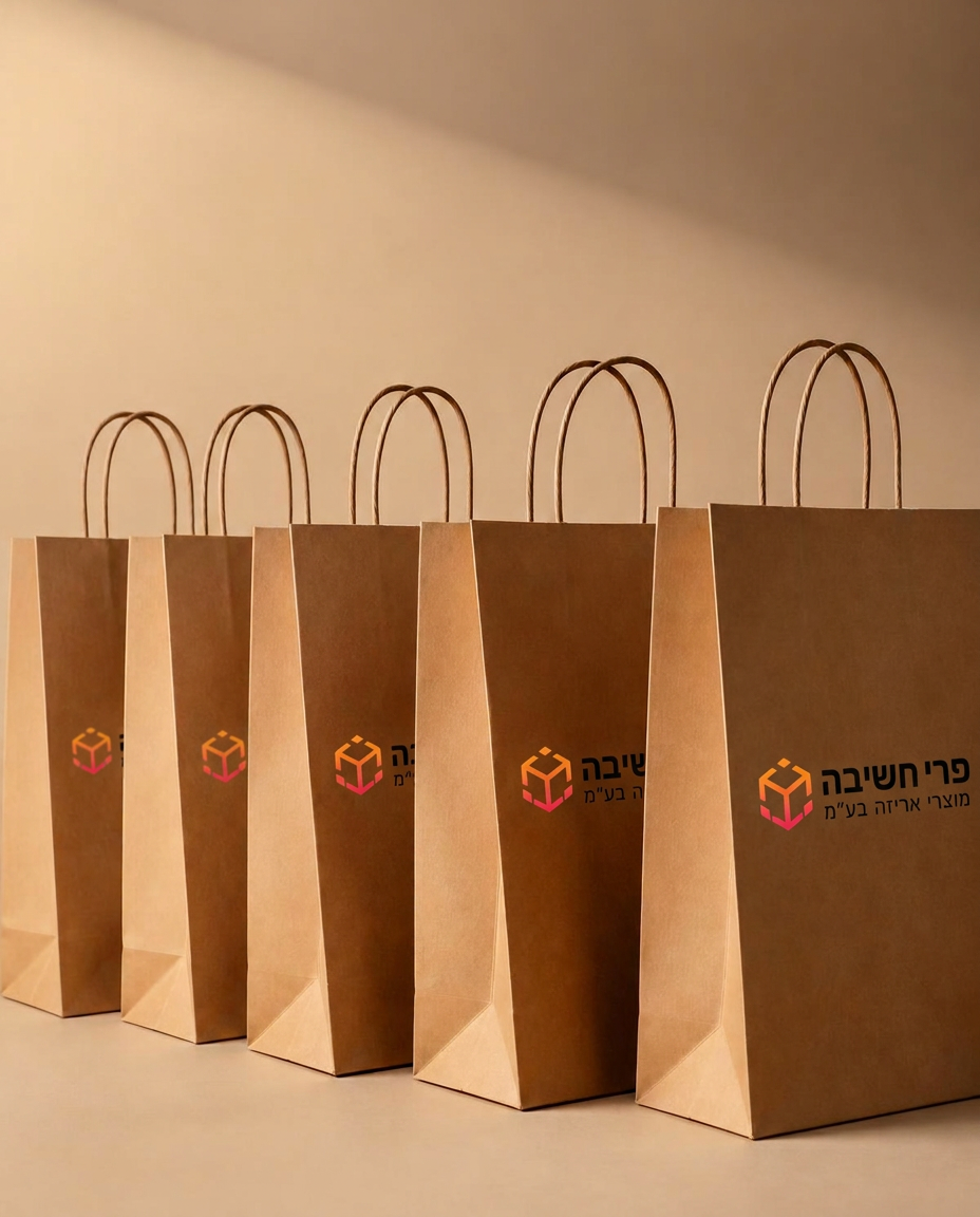שורת שקיות נייר קראפט עם ידיות מסובבות והדפסת לוגו פרי חשיבה