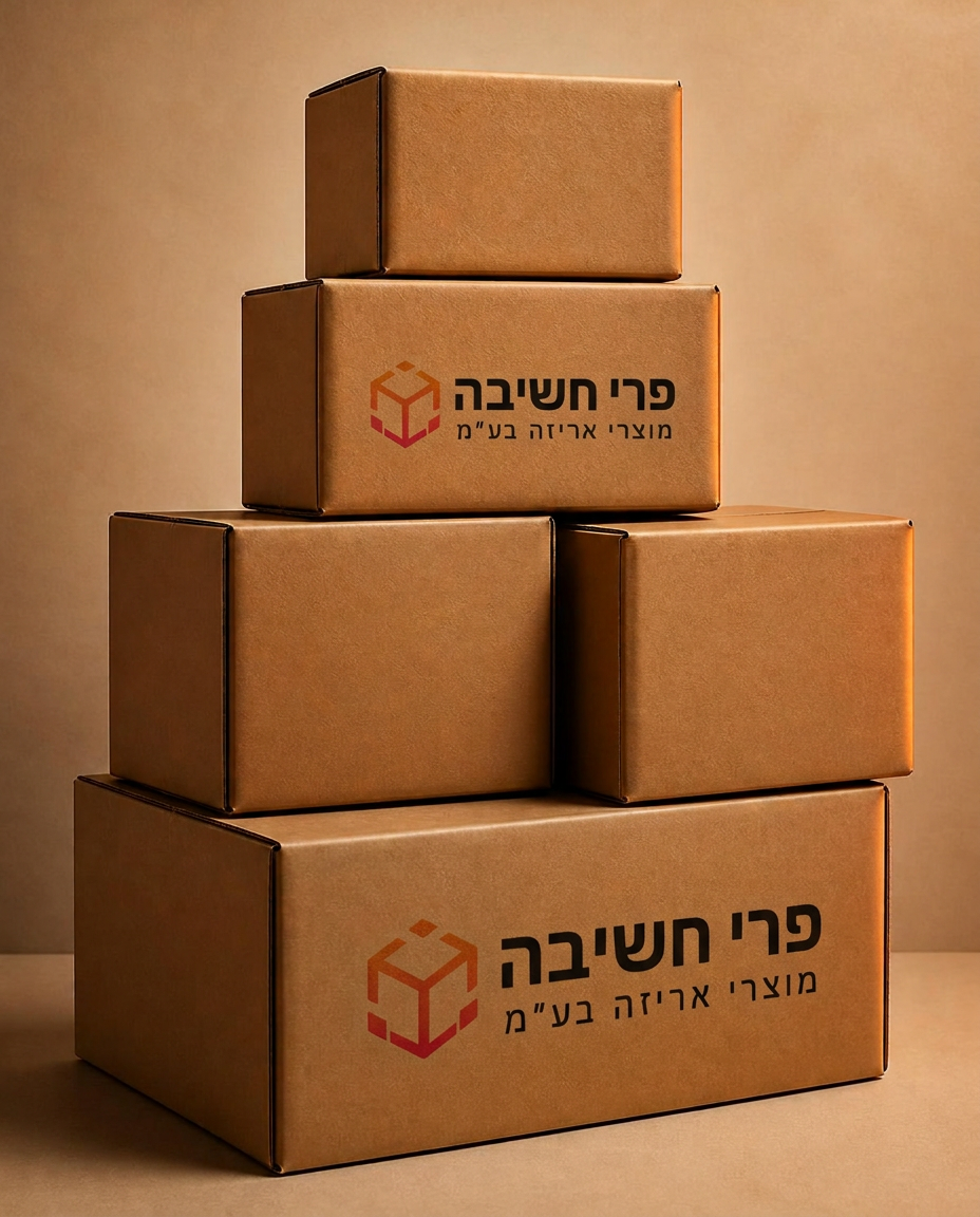 מארזי קרטון RSC חומים בהדפסת לוגו פרי חשיבה, מסודרים בערימה